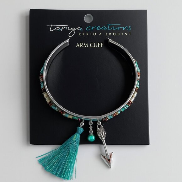 Silver & Turquoise Fringe Charm Arm Cuff Bracelet – Boho Women’s Fashion Jewelry - Picture 1 of 7